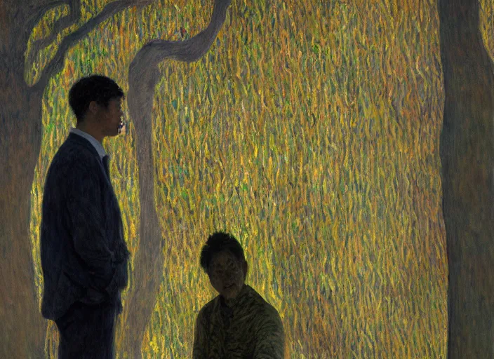 Prompt: portrait of man outside office building, cynical realism, painterly, yoshitaka amano, monet, moebius, beautiful lighting, miles johnston, klimt, tendrils, in the style of, louise zhang, tree of life screenshots, james jean, two figures