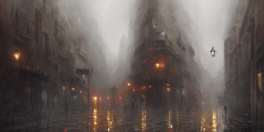 Image similar to an oil painting of a downpour in the middle of the street of a medieval city, moody lighting, fog, dark fantasy, by greg rutkowski, trending on artstation