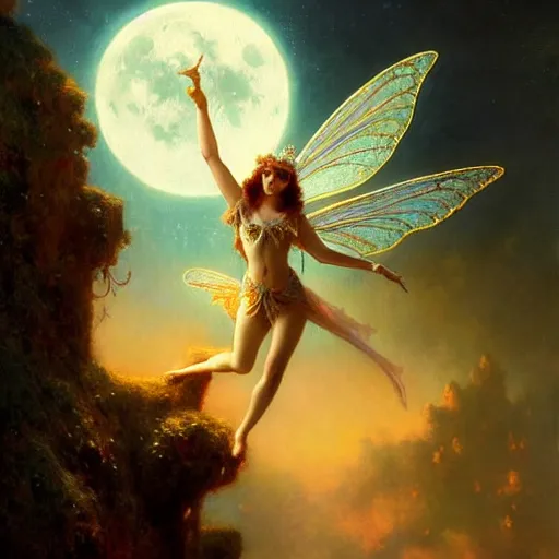 Image similar to attractive fairy queen fly high in the night, fantasy, full moon in background. hyper detailed painting by gaston bussiere, craig mullins, j. c. leyendecker, mid shot, 8 k, cryengone, cinematic lighting, beautiful,