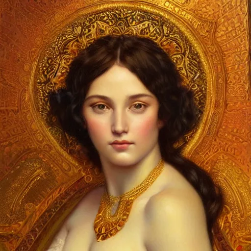 Prompt: beautiful golden portrait of Liv Sage, Grand Odalisque intricate oil painting by John William Godward and Anna Dittman by J-H 768-C2.0