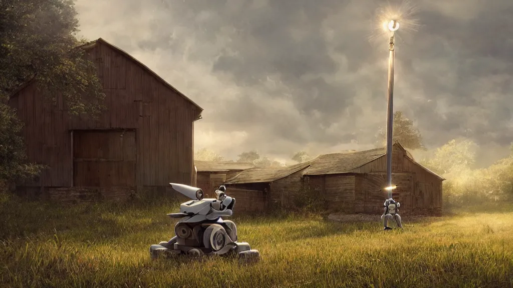 Prompt: Amazing photorealistic digital concept art of a guardian robot in a rural setting by a barn, by James Clyne and Joseph Cross. Cinematic. LED lighting. Wide angle. Clean lines. Balanced composition.