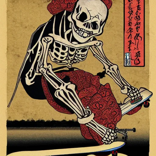 Image similar to A skeleton rides a skateboard, ukiyo-e, highly detailed, trending on artstation, 8k,