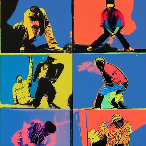 Image similar to four breakdancers battling in the bronx in 1984, by Andy Warhol, gritty, energetic, hyperrealistic, intricate, Moody lightning, trending on artstation