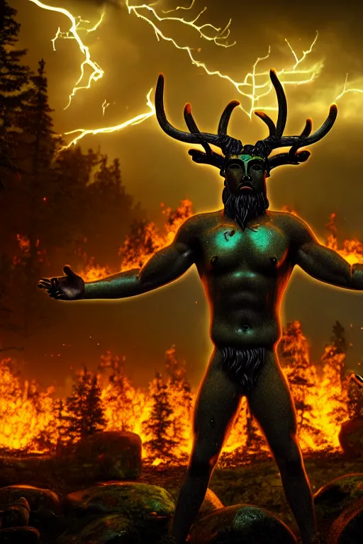 Prompt: 35mm photograph of Cernunnos standing in front of a city on fire, photo-realistic, 4k, highly detailed, octane render, dramatic lightning, by El Greco,