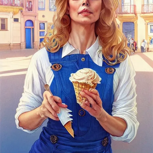 Image similar to a blonde fuller figured middle aged barbara bach from the bond film wearing blue dungarees and eating ice creams in porto, real life skin, intricate, elegant, highly detailed, artstation, concept art, smooth, sharp focus, art by artgerm and greg rutkowski and alphonse mucha