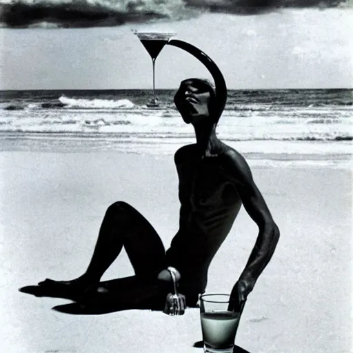 Image similar to photograph of an alien drinking martini on the beach, life magazine, 8 0 s