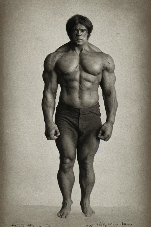 Image similar to the incredible hulk, portrait, full body, symmetrical features, silver iodide, 1 8 8 0 photograph, sepia tone, aged paper, master prime lenses, cinematic