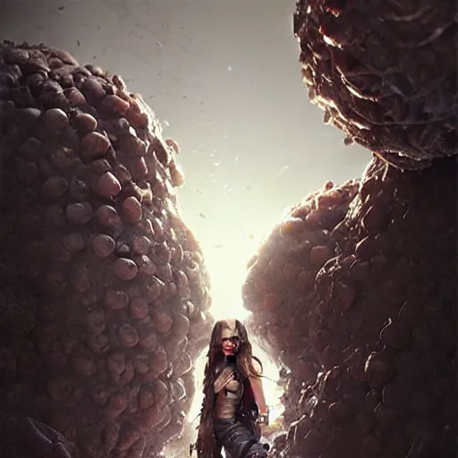 Prompt: salty chocolate meatballs, there are ruins of ancient civilization, ultra high definition, ultra detailed, symmetry, sci - fi, dark fantasy, in style of heavy metal comic, dark and horror style, metal by greg rutkowski and ross tran