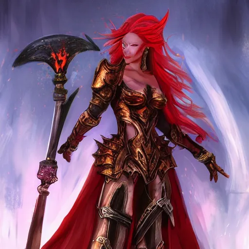 Prompt: fantasy concept art, ( ( winged ) ) ( red hair woman ) ( flaming sword ) ( ( ( plate armor ) ) ) ( ( ( ( devilish smile ) ) ) ), 4 k, painting