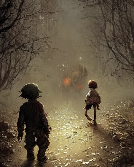 Prompt: a child zombie walking toward a scared teenager that fell on the ground realistic concept art, hd, high quality by jean baptiste monge, dan mumford, greg rutkowski