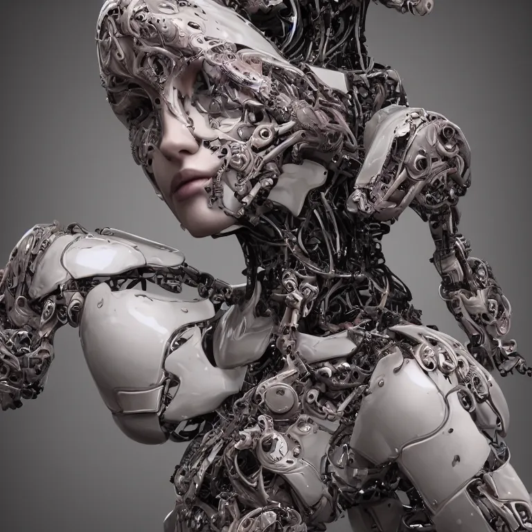 Image similar to an extremely beautiful biomechanical female looking robot with large fractal tattoos, chimeric organism, pale skin, organic polycarbon, full frontal portrait, ex machina, highly detailed, mendelbrot fractal, ray tracing, hyperdetailed, hyperrealistic, oppai cyberpunk, octane render, hdri, 4 k