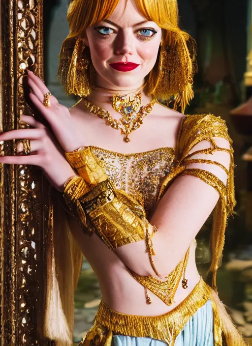 Prompt: portrait of emma stone as princess jasmine in persian palace, by charlotte grimm, natural light, detailed face, beautiful nails,, canon eos c 3 0 0, ƒ 1. 8, 3 5 mm, 8 k, medium - format print, half body shot