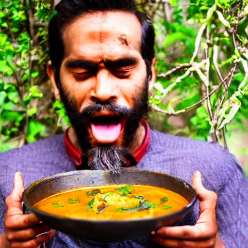 Image similar to photo of a man with three eyes ecstatically eating a bowl of indian frog curry. third eye forehead joy pineal eye minds eye cyclops, hands raised