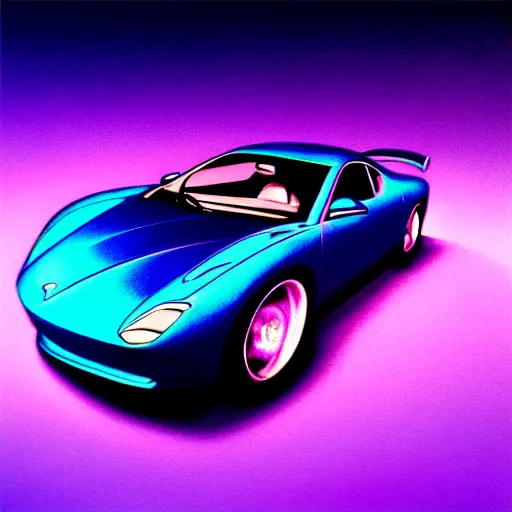 Image similar to a supercar in a dark studio room, vaporwave theme. Microscopic view. Tanzanite, Opal, Kunzite paintjob. in the style of artgerm.