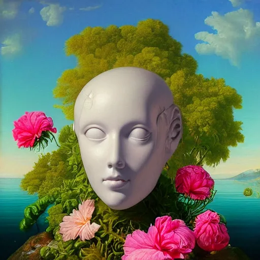 Prompt: a surreal vaporwave vaporwave vaporwave vaporwave vaporwave painting by Thomas Cole of an old pink mannequin head with flowers growing out, sinking underwater, highly detailed, caustics, sunrays, 8k hyperdetails