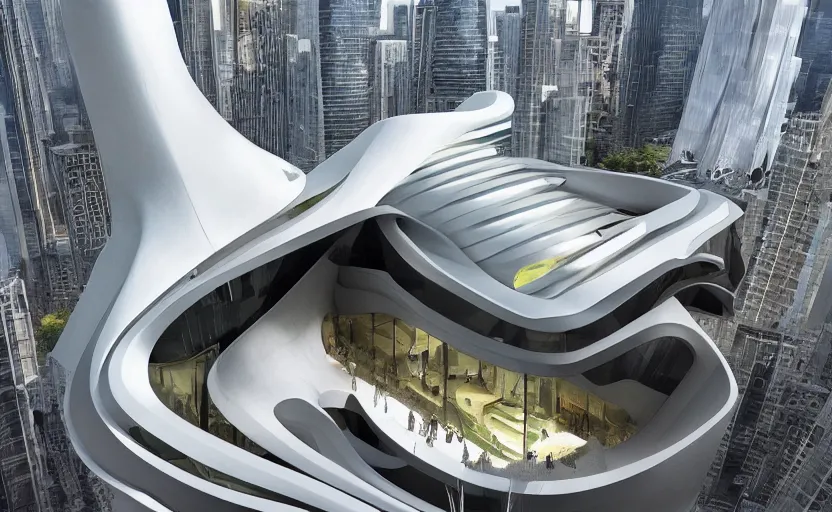 Prompt: a futuristic architectural masterpiece by frank Lloyd wright and Zaha hadid, detailed