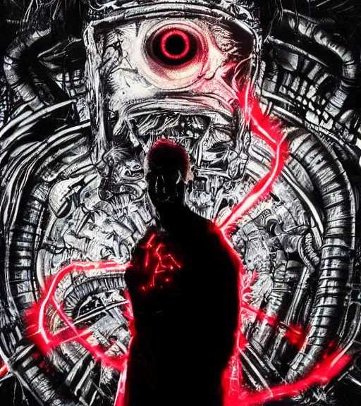 Prompt: profile picture of lovecraftian terminator with glowing red eyes, surrounded by beams of light dark background by wayne barlow, stanley donwood, anton semenov, zdzislaw bekinski, hr giger, 8 k, fantasy, dark, highly detailed