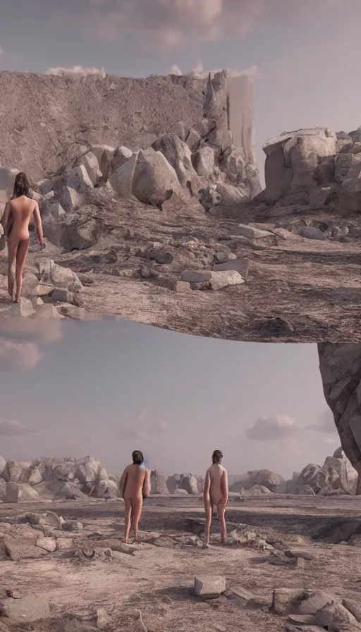 Image similar to a dystopian landscape made of beautiful naturist couples, Octane Render, cinematic