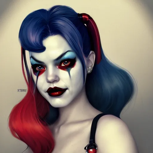 Image similar to facial portrait of a pretty harley quinn, character concept art, headshot, charlie bowater, anna dittmann, wlop, rumiko takahashi, akihiko yoshida, hyung - tae kim, alexander mcqueen, trending on artstation