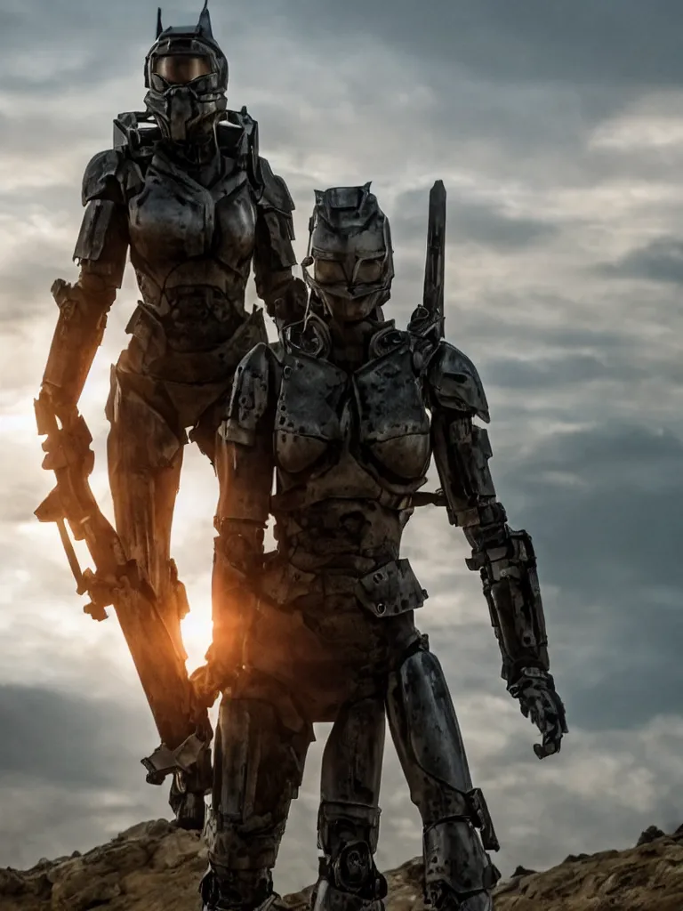 Prompt: emily blunt in futuristic power armor, standing atop a hill, holding a sword, edge of tomorrow, angel of verdun, sunset