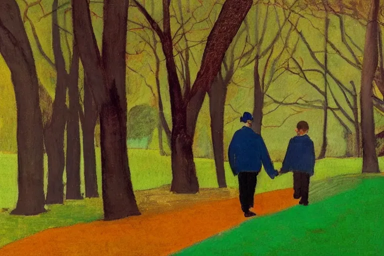 Image similar to a very tall man with dark hair holding the hands of a short young boy as they walk in a park on a bright beautiful winter day. part in the style of an edgar degas painting. part in the style of david hockney. triadic color scheme