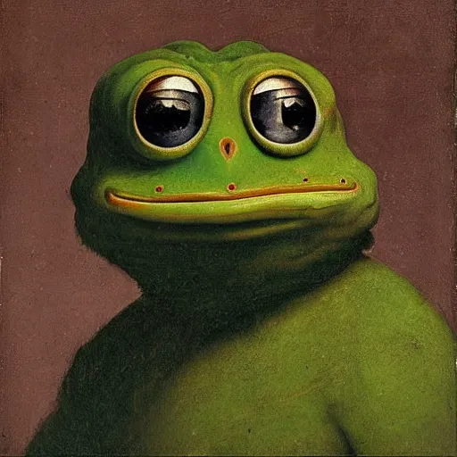 Prompt: a renaissance portrait painting of bearded pepe the frog, in the style of rembrandt