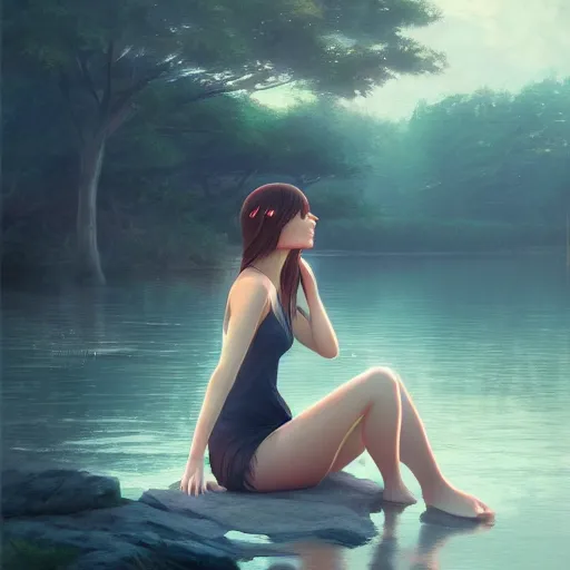 Image similar to woman sitting with her feet in a lake, beautiful and relaxing, very very very long hair, Makoto Shinkai ilya kuvshinov and Wojtek Fus