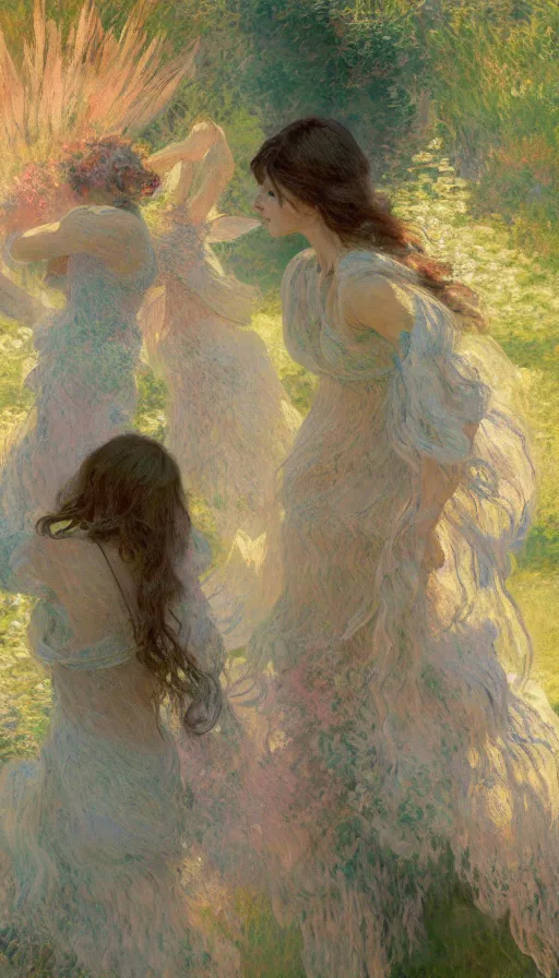 Image similar to illustration studio portrait of three beautiful seraphim female energy in artistic poses in nature, monet painterly motives and textures pattern, hyper detailed, octane render, vivid colors, artstation, by jeremy mann, by alphonse mucha, by monet