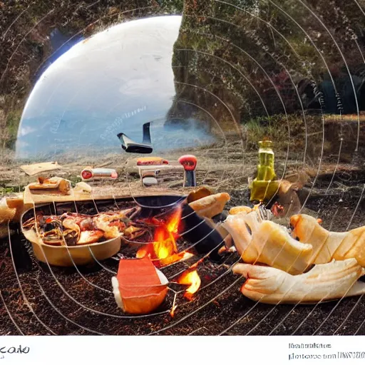 Image similar to old bearded cooking barbeque on the surface if the moon with the earth visible in the background