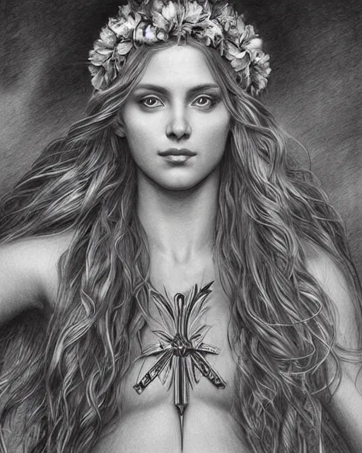 Image similar to pencil drawing of the very beautiful greek goddess aphrodite wearing a laurel wreath with arrowhead earrings, piercing eyes, beautiful flowing hair, hyper realistic face, in the style of greg rutkowski, fantasy, amazing detail, epic, elegant, smooth, sharp focus, young