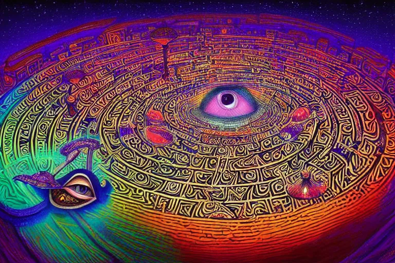 Image similar to An extremely psychedelic abstract illustration of an all seeing eye shaped labyrinth maze , colorful, surreal, dramatic lighting, magic mushrooms, psilocybin, LSD, detailed, intricate, elegant, highly detailed, digital painting, artstation, concept art, smooth, sharp focus, illustration, art by Krenz Cushart, greg rutkowski and zdzislaw beksinski and alphonse mucha, unreal engine 5 render, 8k