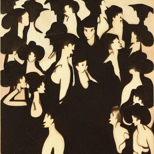 Prompt: a tiny dark black night club with a few red chinese lanterns, people's silhouettes close up, people dancing, surrealism, by romaine brooks