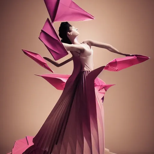 Image similar to 3 / 4 view of a beautiful girl wearing an origami dress, eye - level medium shot, elegant, by eiko ishioka, givenchy, by peter mohrbacher, centered, fresh colors, dance, origami, fashion, detailed illustration, vogue, high depth of field, japanese, reallusion character creator