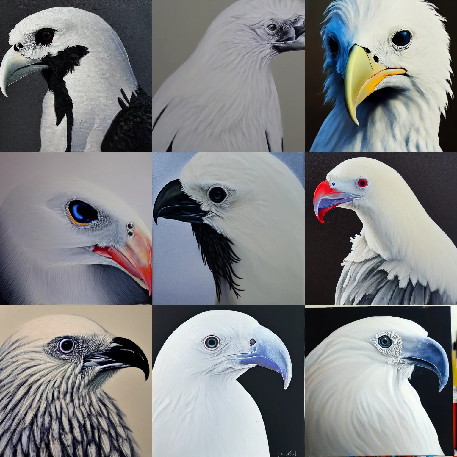 Image similar to closeup of an albino raven, high contrast, oil paint, extremely detailed