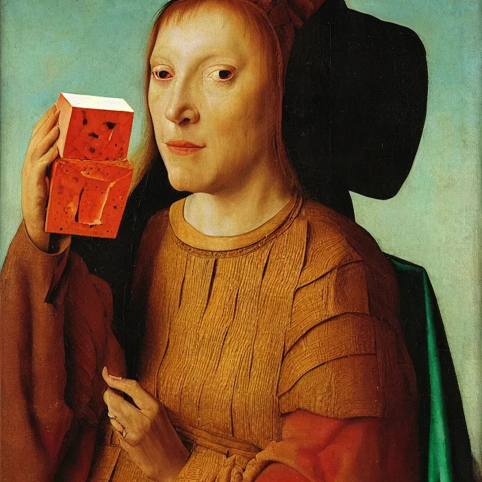 Image similar to a closeup portrait of a horned woman, holding up a block of iridescent tofu, tofu block, tofu cubes, by jan van eyck