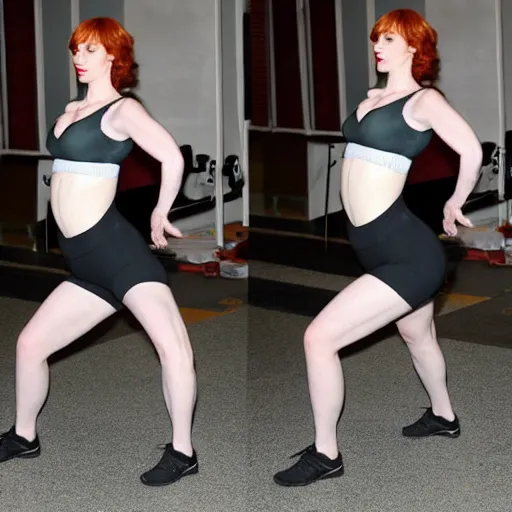 Prompt: christina hendricks doing squats exercises,