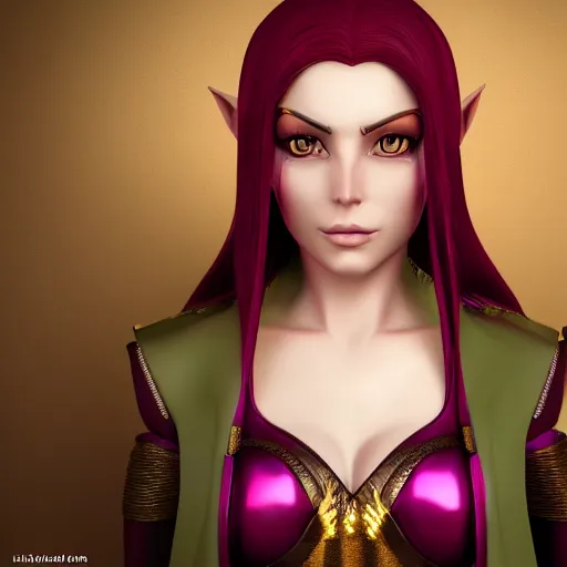 Image similar to portrait of a female high elf with magenta eyes and dark hair, 3 d octane render trending on art station 8 k