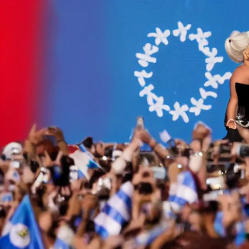 Image similar to Lady Gaga as president, Argentina presidential rally, Argentine flags behind, bokeh, giving a speech, detailed face, Argentina