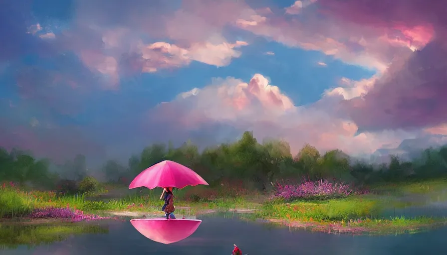 Image similar to a garden gnome sails across a pond in a bucket, dramatic pink clouds, blue sky, jessica rossier, art station