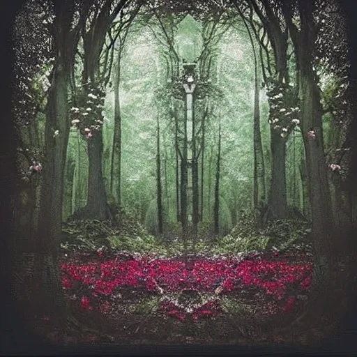 Image similar to dark forest with a portal that show to a dimension that is a flower garden, polaroid photo, perfect photo, photo pinterest