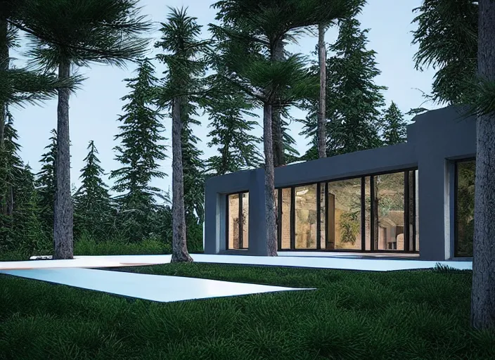 Prompt: “ large openings frame views of the villa's positioning amidst a fir - tree woodland, unreal engine 5 render, 8 k ”