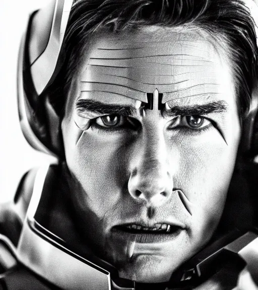 Prompt: Tom cruise wearing partial broken ironman mask only in pain and anger deep dark backlit night technoir cinematic monochromatic portrait photo by Leica Zeiss in detailed depth of field lens flare trending on Flickr realistic hd by frank Miller