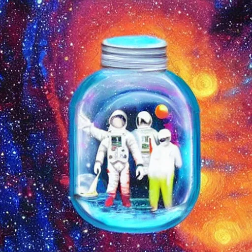 Image similar to 3d art of an astronaut in a jar, surrounded by colorful stars, extremely detailed