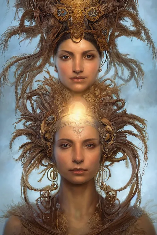 Prompt: a beautiful detailed cgi matte painting female tanned skinned empress of light, by ellen jewett, tomasz alen kopera and justin gerard | symmetrical, native american, solemn, realism, intricate, ornate, royally decorated, halo, gilding, gilded, whirling smoke, particles, gold adornments, white splendid fabric, radiant colors