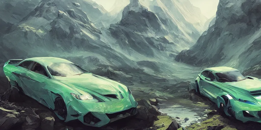 Image similar to wide angle, blue knight, green hatchback car, glacier landscape, norway, D&D, fantasy, intricate, elegant, highly detailed, digital painting, artstation, octane render, concept art, matte, sharp focus, illustration, hearthstone, art by Artgerm and Greg Rutkowski and Alphonse Mucha