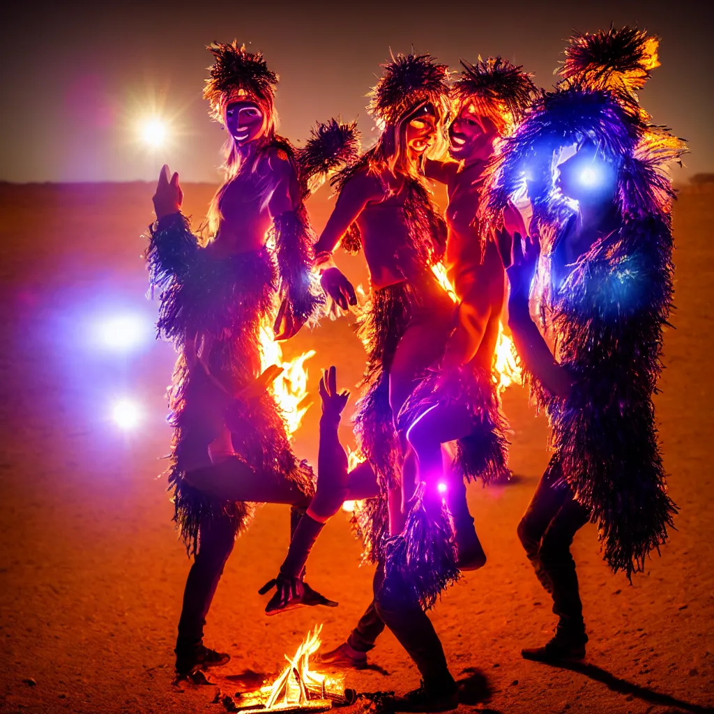 Image similar to portrait of two ravers in friendly costumes with detailed faces, dancing around a fire, photorealistic, dancefloor kismet, diverse costumes, clean composition, desert transition area, bonfire, night, australian desert, zaha hadid, xf iq 4, symmetry, sony a 7 r, 1 5 0 mp, 5 0 mm