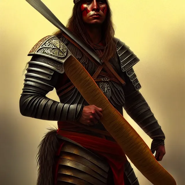 Image similar to epic professional digital art of a medieval north American indigenous Warrior, fantasy art, best on artstation, cgsociety, wlop, cosmic, epic, stunning, gorgeous, much detail, much wow, masterpiece