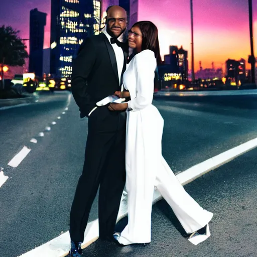 Prompt: A black man wearing white suit and a black tie with a white woman wearing a pink dress on street at night , traffic in background , highly detailed face