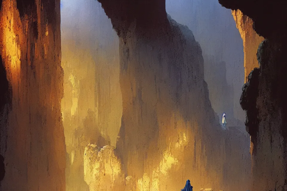 Prompt: a monk, i live in a cave, i live to create, by moebius and john harris, atmospheric hues, concept art, saturation 4