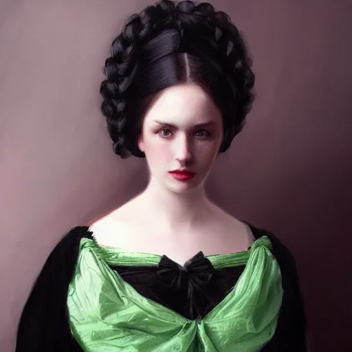 Image similar to a beautiful young woman, pale skin, black long hair, aristocrat, black expensive dress from 1 8 6 0 with green details, oil painting, digital art, studio photo, realistic, artstation, high quality, wild west